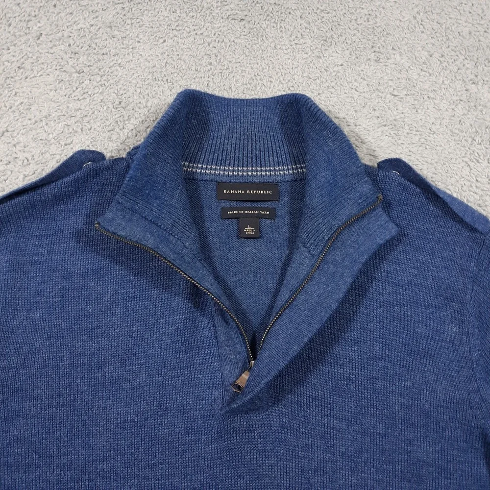 Banana Republic Wool Blend Sweater Mens Large Blue Pullover 1/4 Zip Epaulletes